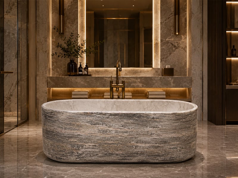 Carrara Marble and Travertino Silver Freestanding Bathtub